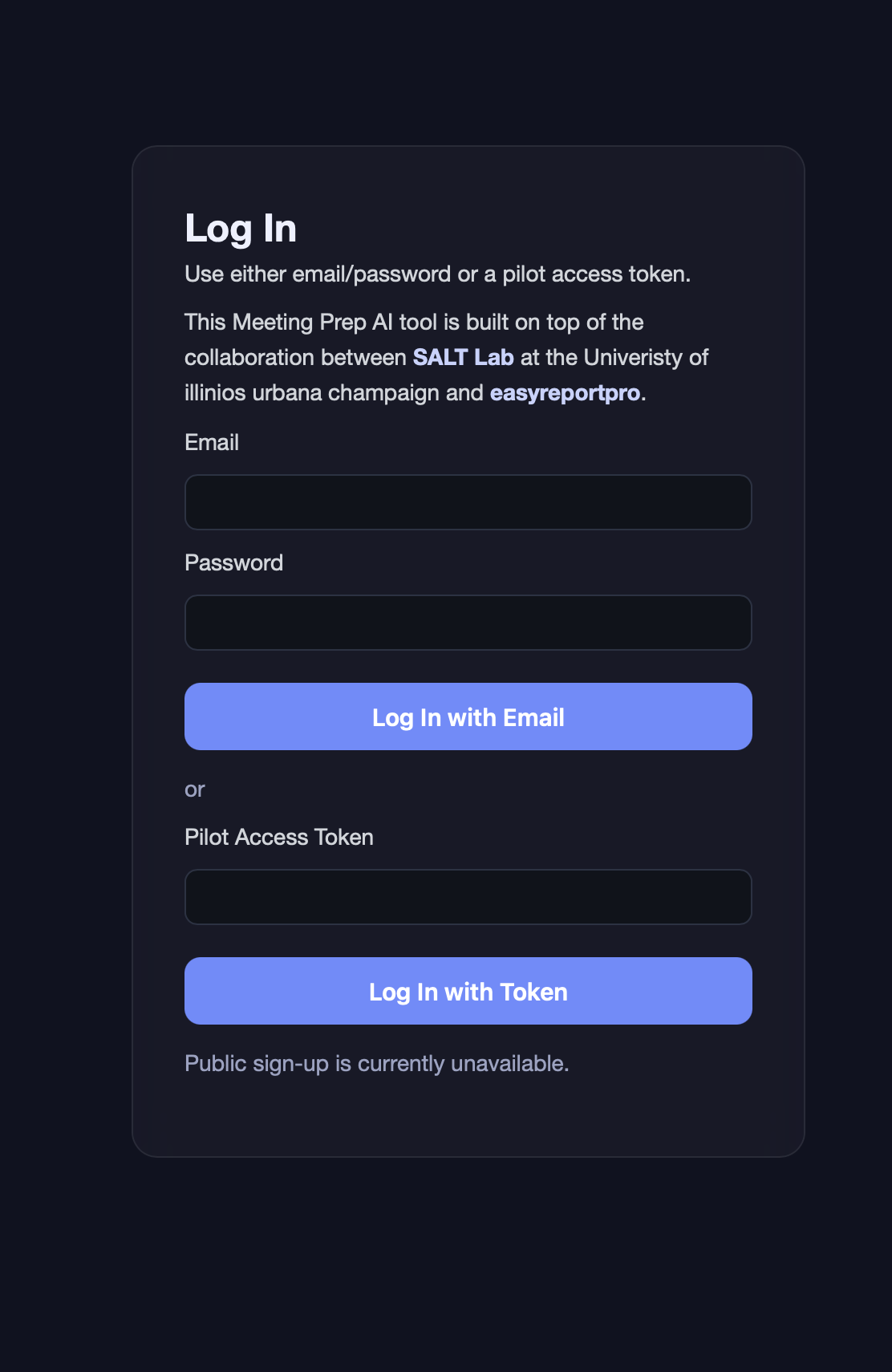 Login page with pilot token input